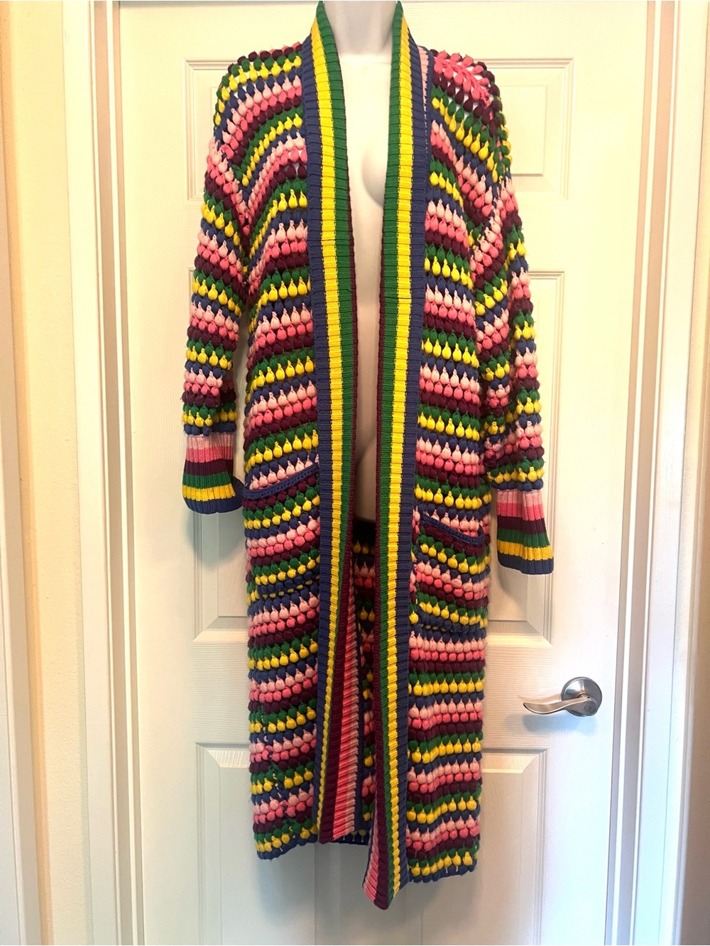 Mira Mikati Crochet Duster Cardigan — Pink, Green, Yellow, Navy